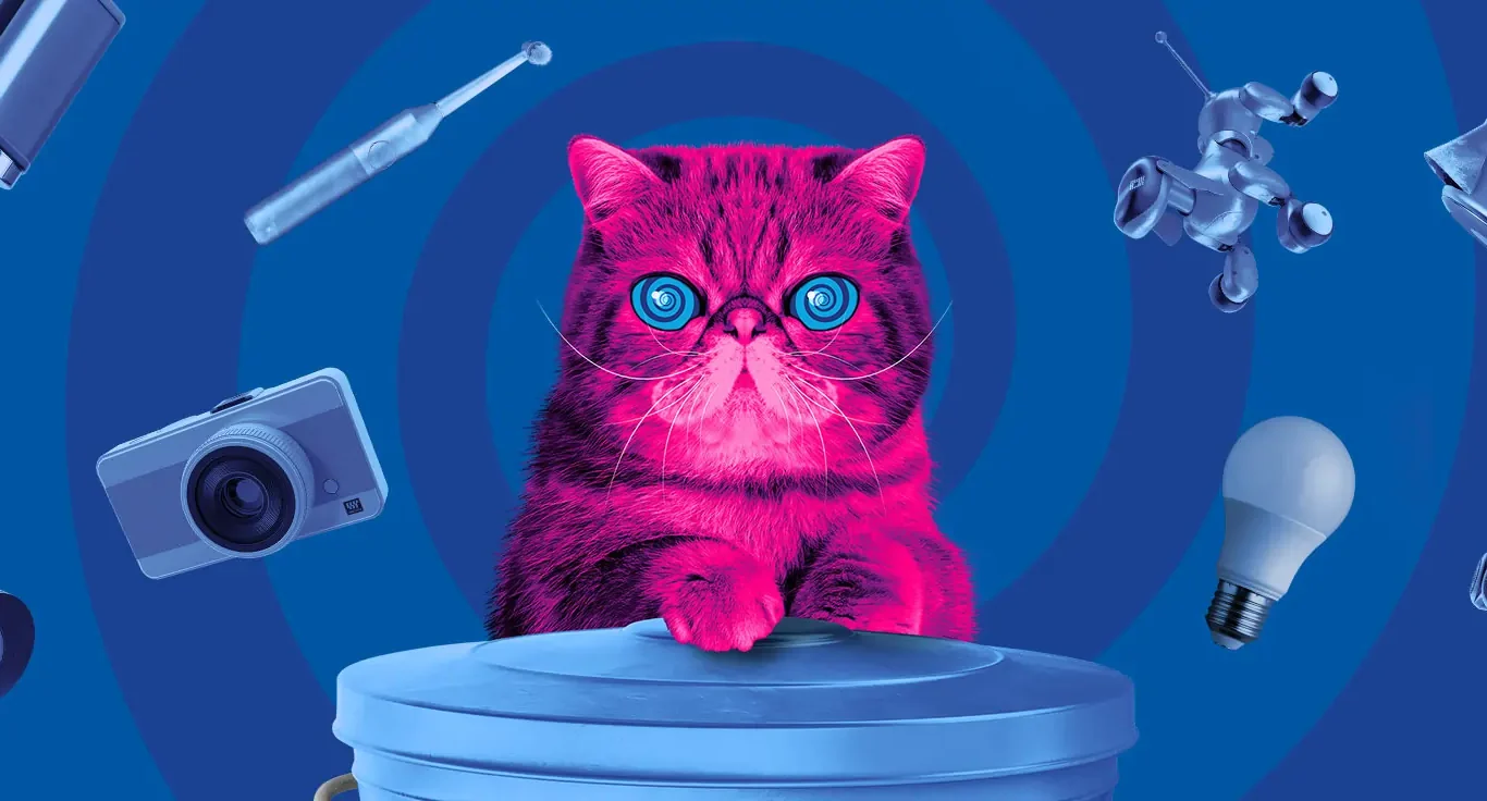 The Recycle Your Electricals homepage banner, featuring a pink cat surrounded by everyday electricals